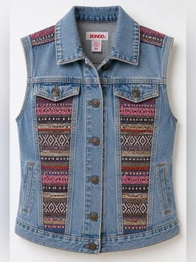 BONGO Y2K Denim Vest Boho Festival Southwestern Woven Panel Medium